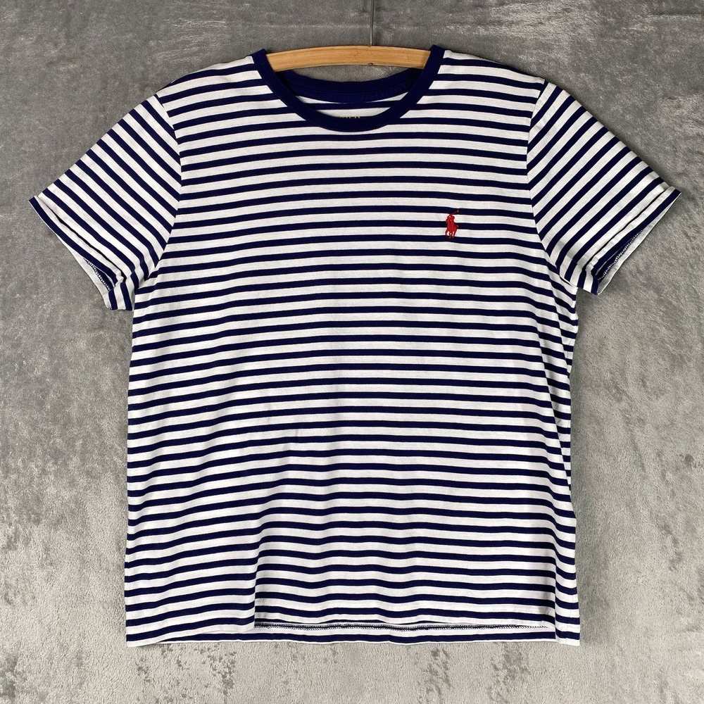 Polo Ralph Top Lauren Womens Sz L Blue Nautical Stripe Short Sleeve Tee Red Pony